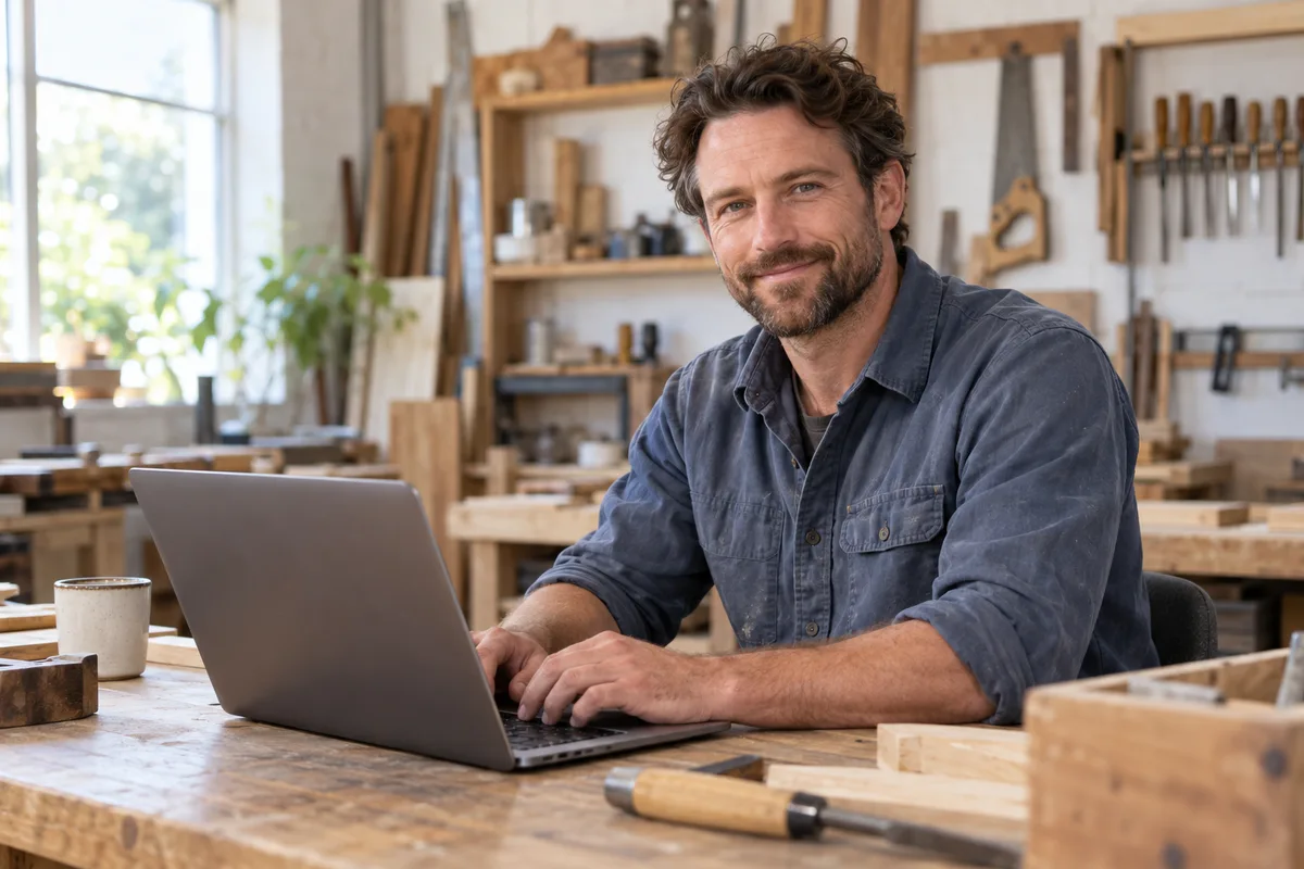 A tradesperson working on bookkeeping at a laptop in a bright workshop