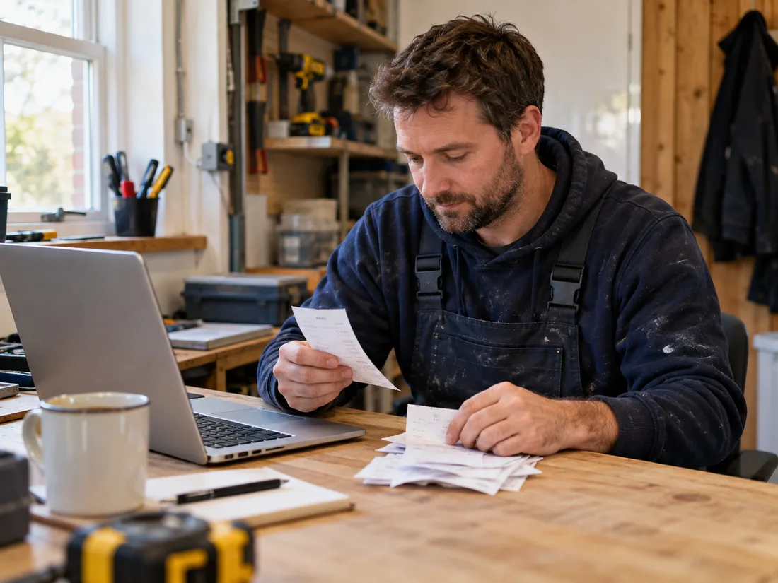 A tradesperson sorting receipts beside a laptop in a small workshop